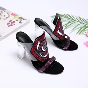 Crystal Geometric Hexagon Sandals Women open toe High Heel slippers Transparent PVC Rhinestone Slingback shoes zapatos mujer
