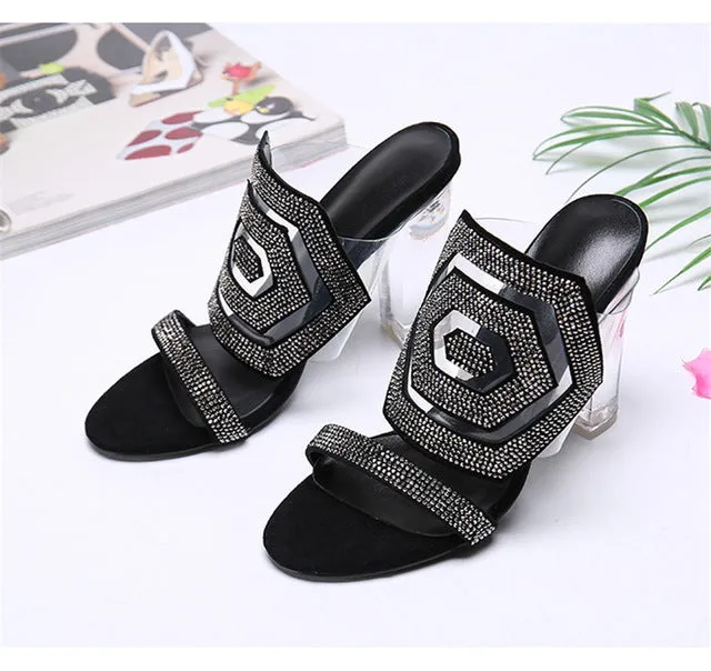 Crystal Geometric Hexagon Sandals Women open toe High Heel slippers Transparent PVC Rhinestone Slingback shoes zapatos mujer