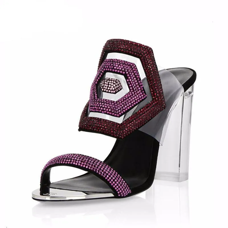Crystal Geometric Hexagon Sandals Women open toe High Heel slippers Transparent PVC Rhinestone Slingback shoes zapatos mujer