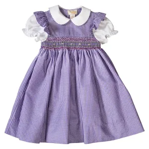 Dark Purple Gingham and White English Smocked Baby Dress