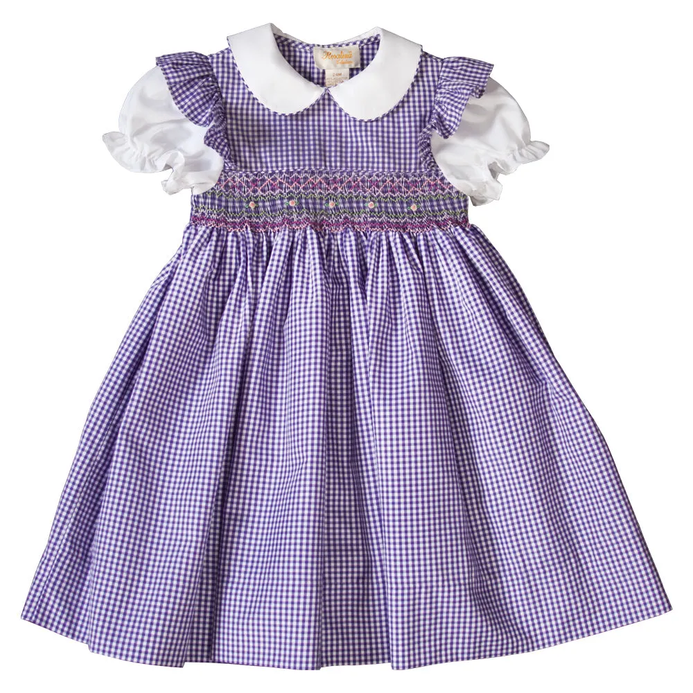 Dark Purple Gingham and White English Smocked Baby Dress