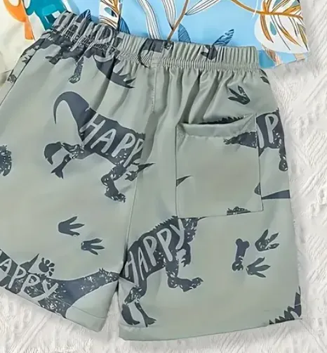 Dinosaur & Tropical Print Beach Shorts