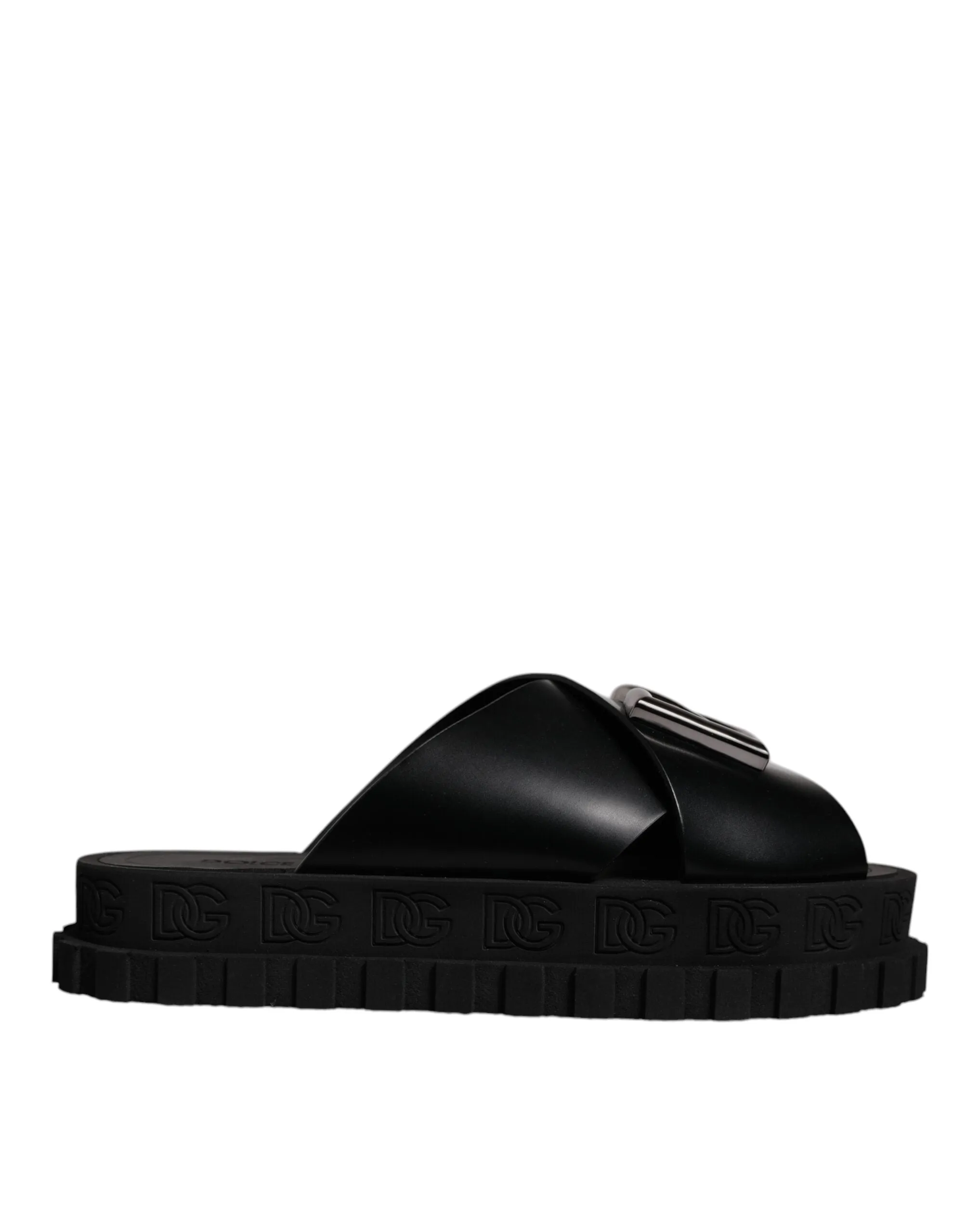 Dolce&Gabbana Men Black Sandals 100% Leather Solid Beachwear Slide Shoes EUR 39