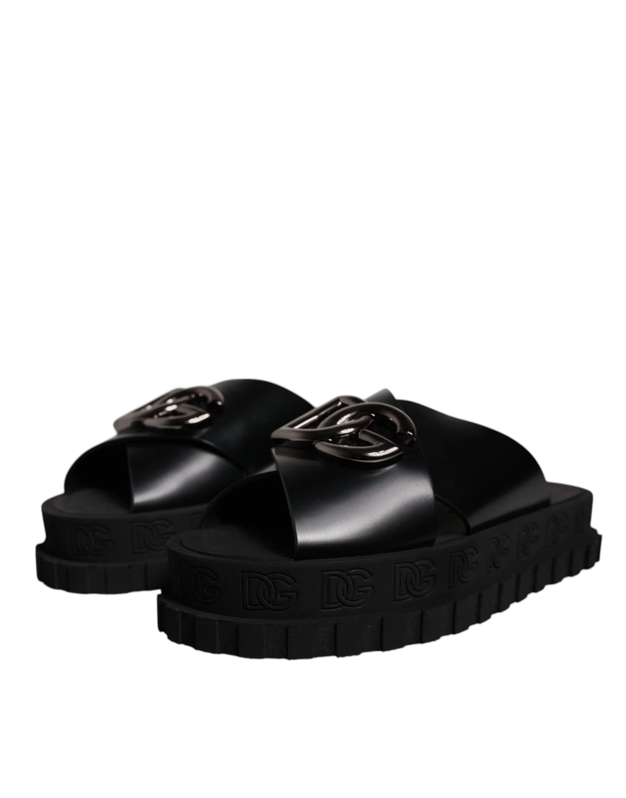 Dolce&Gabbana Men Black Sandals 100% Leather Solid Beachwear Slide Shoes EUR 39