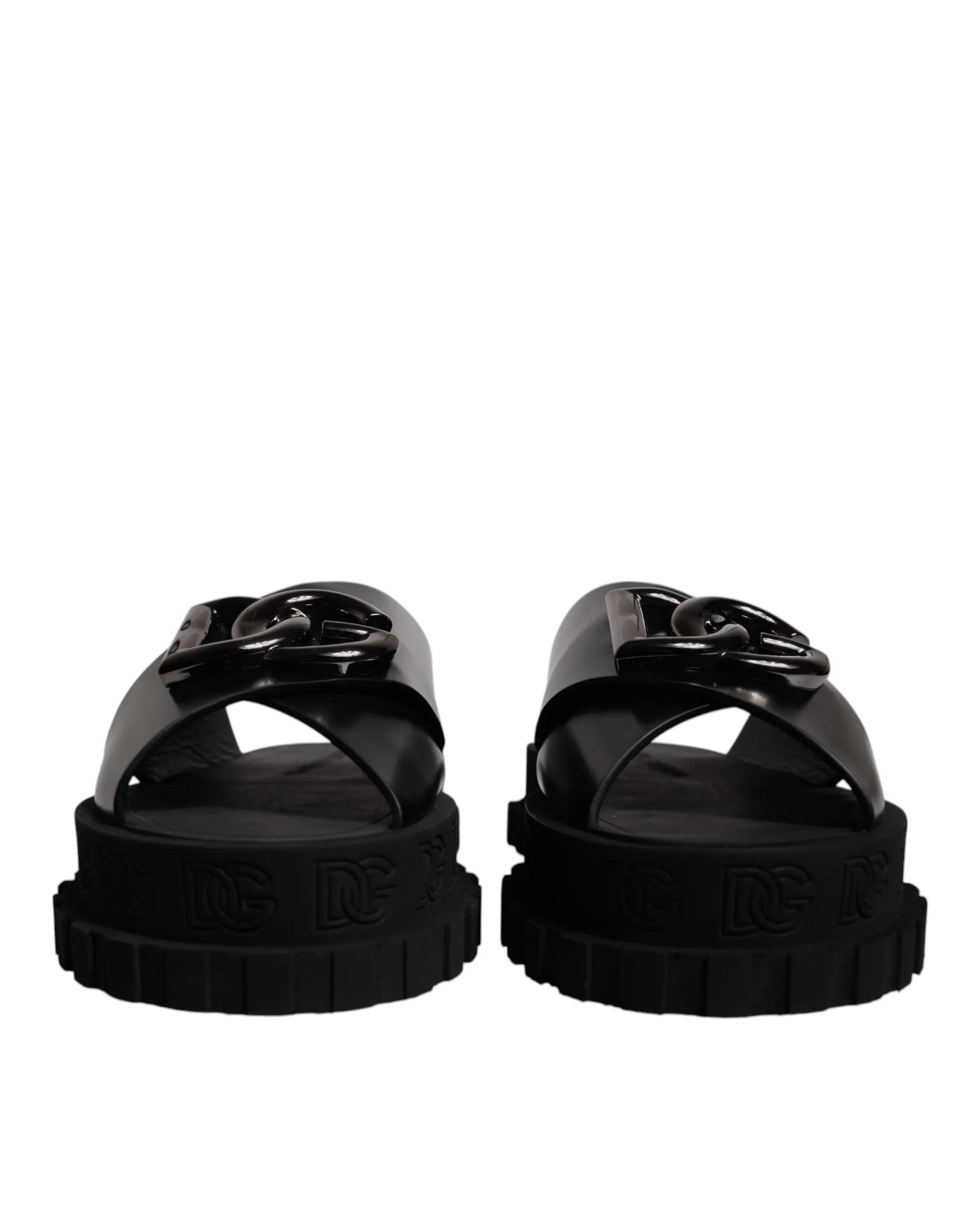 Dolce&Gabbana Men Black Sandals 100% Leather Solid Beachwear Slide Shoes EUR 39