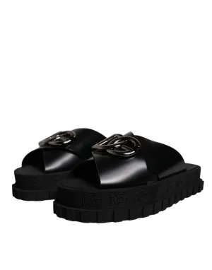 Dolce&Gabbana Men Black Sandals 100% Leather Solid Beachwear Slide Shoes EUR 39
