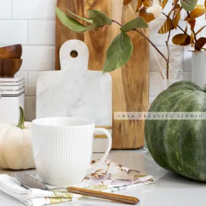 Drink & Pumpkins in Kitchen. Digital Stock Image.