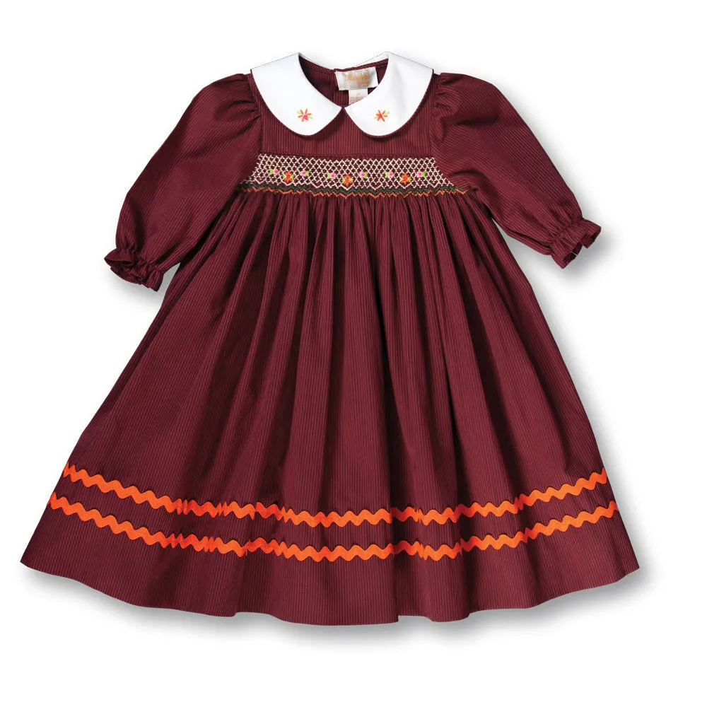 Eleanor Maroon Striped 3/4 Sleeve Smocked Baby Dress w/Peter Pan Collar & RicRac