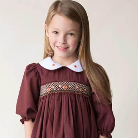Eleanor Maroon Striped 3/4 Sleeve Smocked Baby Dress w/Peter Pan Collar & RicRac