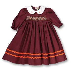 Eleanor Maroon Striped 3/4 Sleeve Smocked Baby Dress w/Peter Pan Collar & RicRac