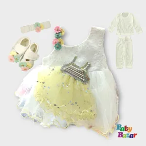 Elegant Yellow & White Baby Girl Dress Set – Perfect for Special Occasions & Gift