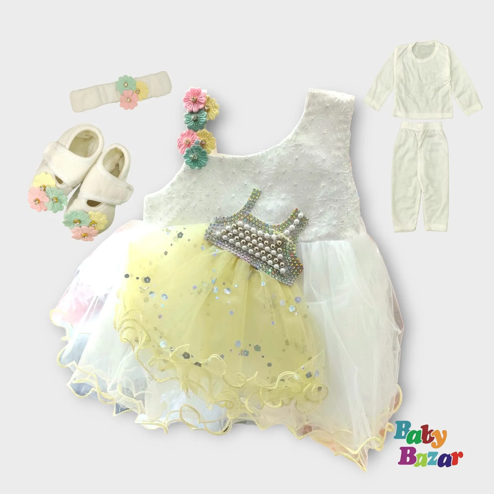 Elegant Yellow & White Baby Girl Dress Set – Perfect for Special Occasions & Gift