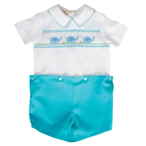 Elephant Smocked Turquoise Button-on Short Set
