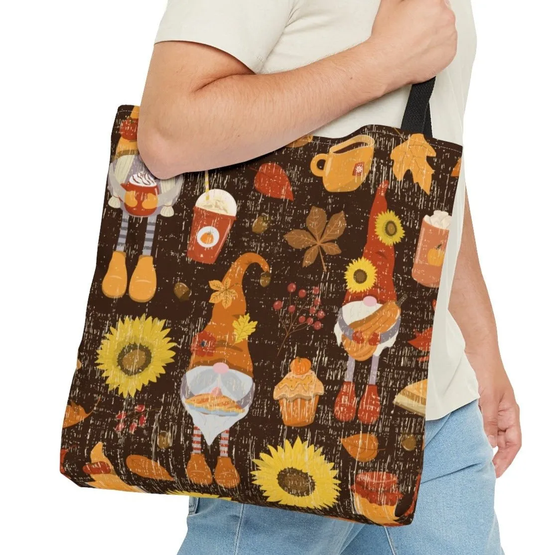 Fall Gnome Background with Sunflowers Large Tote Bag - Whimsical Seasonal Accessory