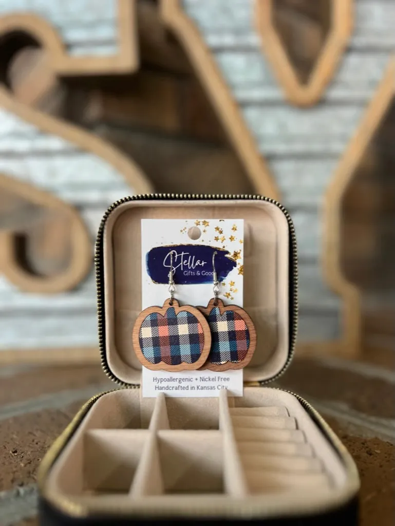 Fall Harvest Orange/Navy Plaid Pumpkin Inset Dangles