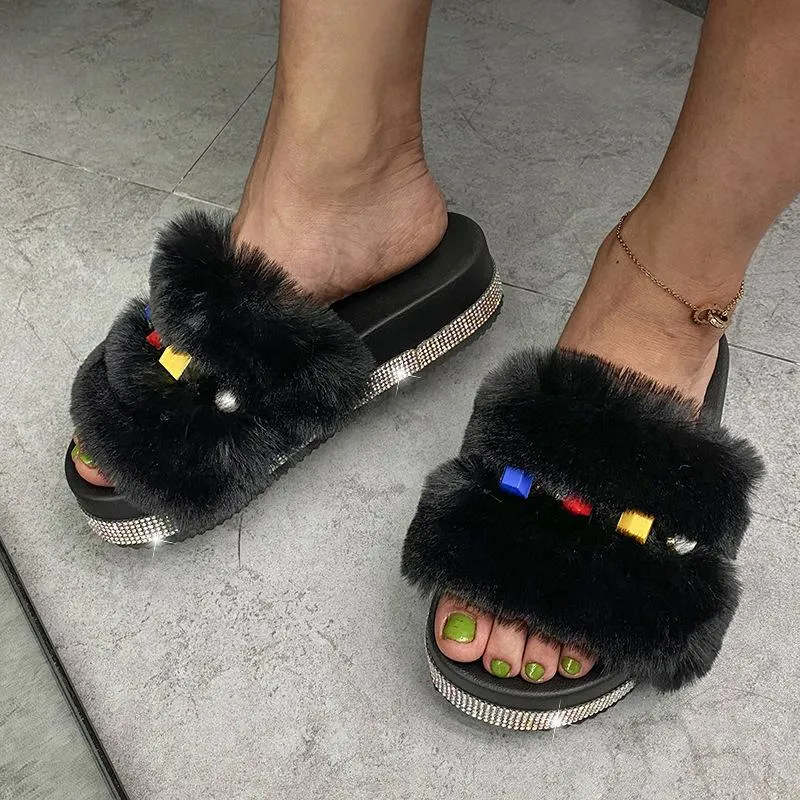 Fashion Rhinestone Open Toe Fluffy Sandals