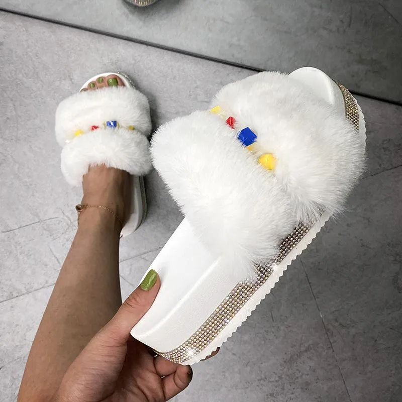 Fashion Rhinestone Open Toe Fluffy Sandals