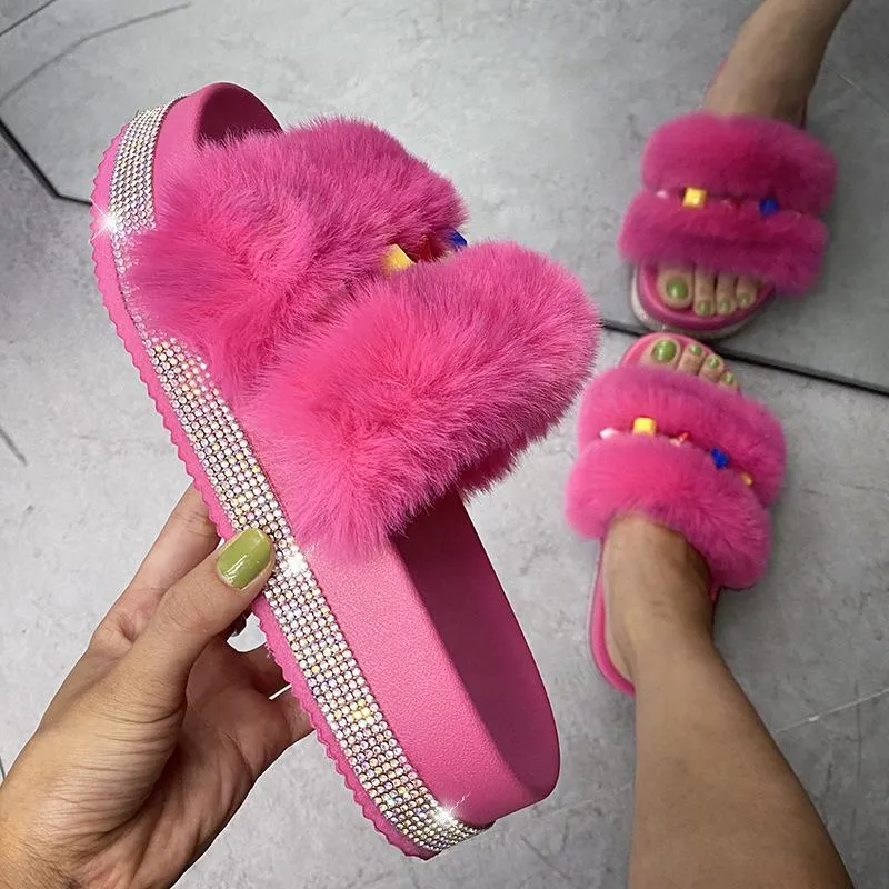 Fashion Rhinestone Open Toe Fluffy Sandals
