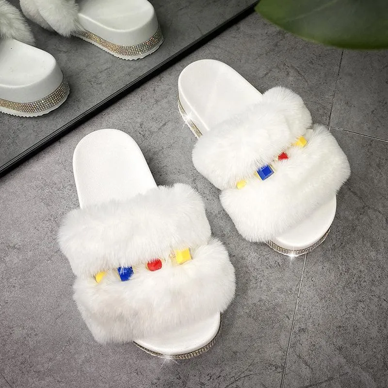 Fashion Rhinestone Open Toe Fluffy Sandals