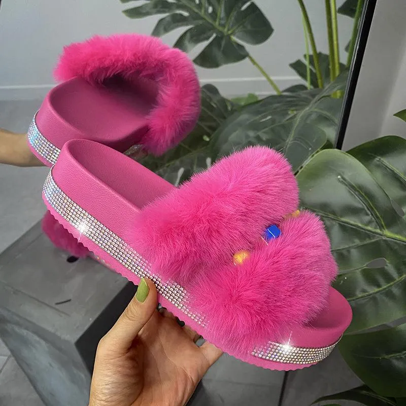Fashion Rhinestone Open Toe Fluffy Sandals