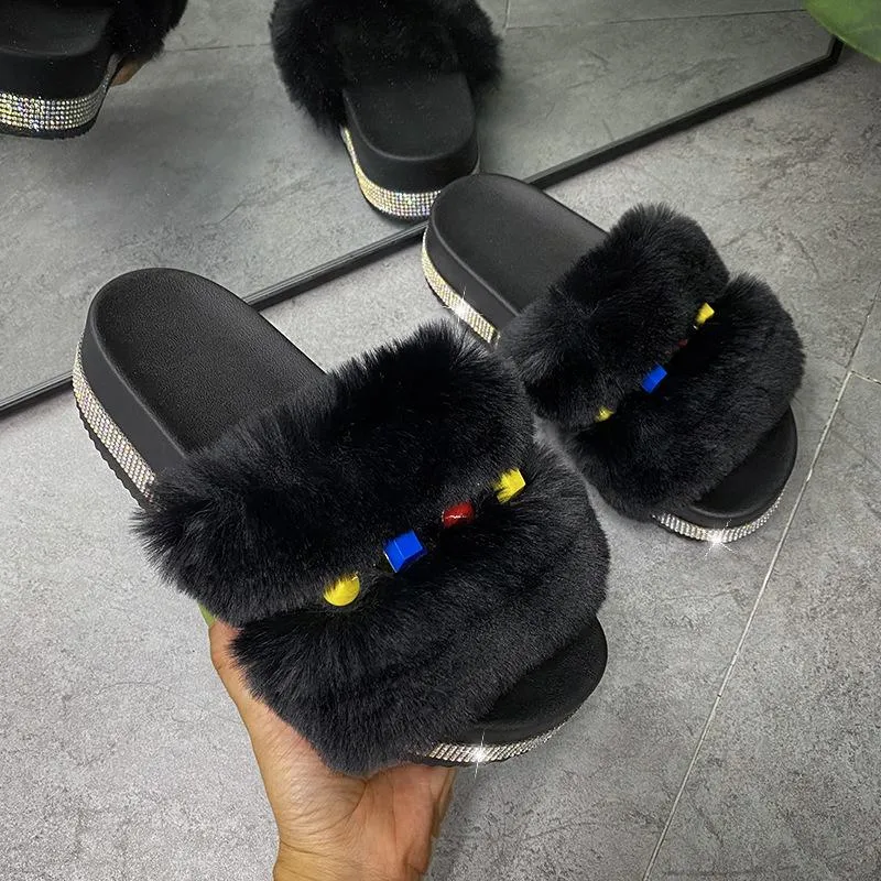 Fashion Rhinestone Open Toe Fluffy Sandals
