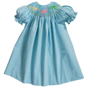 Gecko Turquoise Seersucker Gingham Smocked Bishop