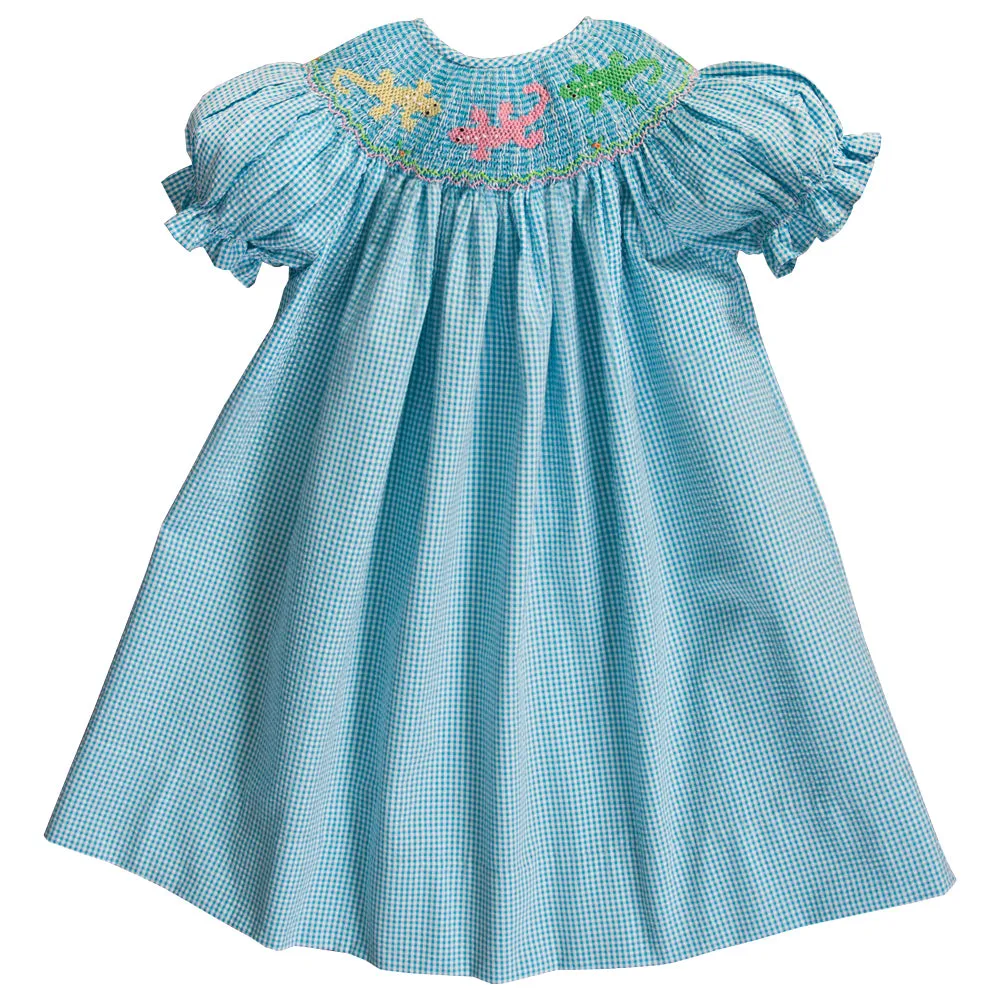Gecko Turquoise Seersucker Gingham Smocked Bishop