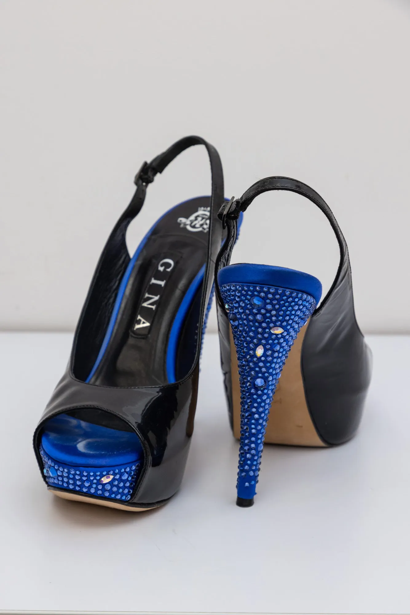 GINA Patent Leather Peep Toe Slingback Heel Sandals with Blue Crystals