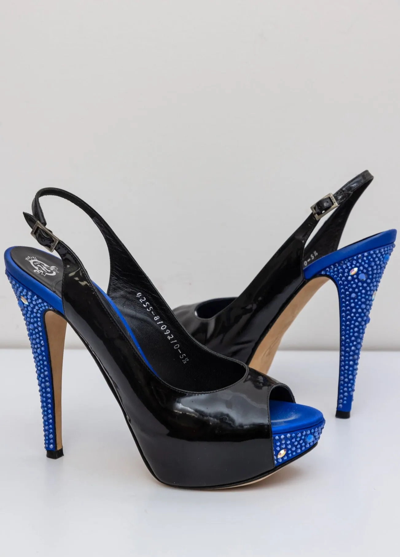 GINA Patent Leather Peep Toe Slingback Heel Sandals with Blue Crystals