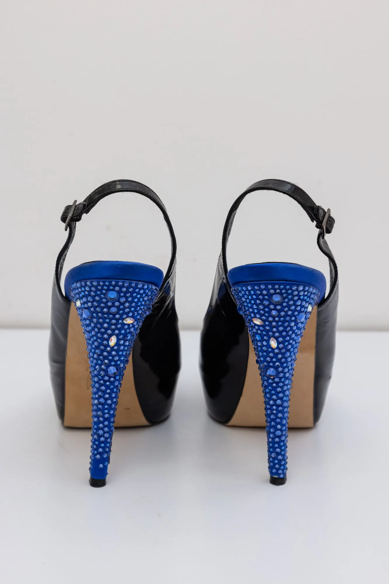GINA Patent Leather Peep Toe Slingback Heel Sandals with Blue Crystals
