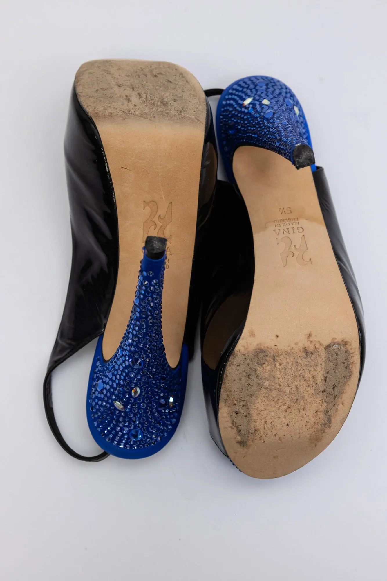 GINA Patent Leather Peep Toe Slingback Heel Sandals with Blue Crystals