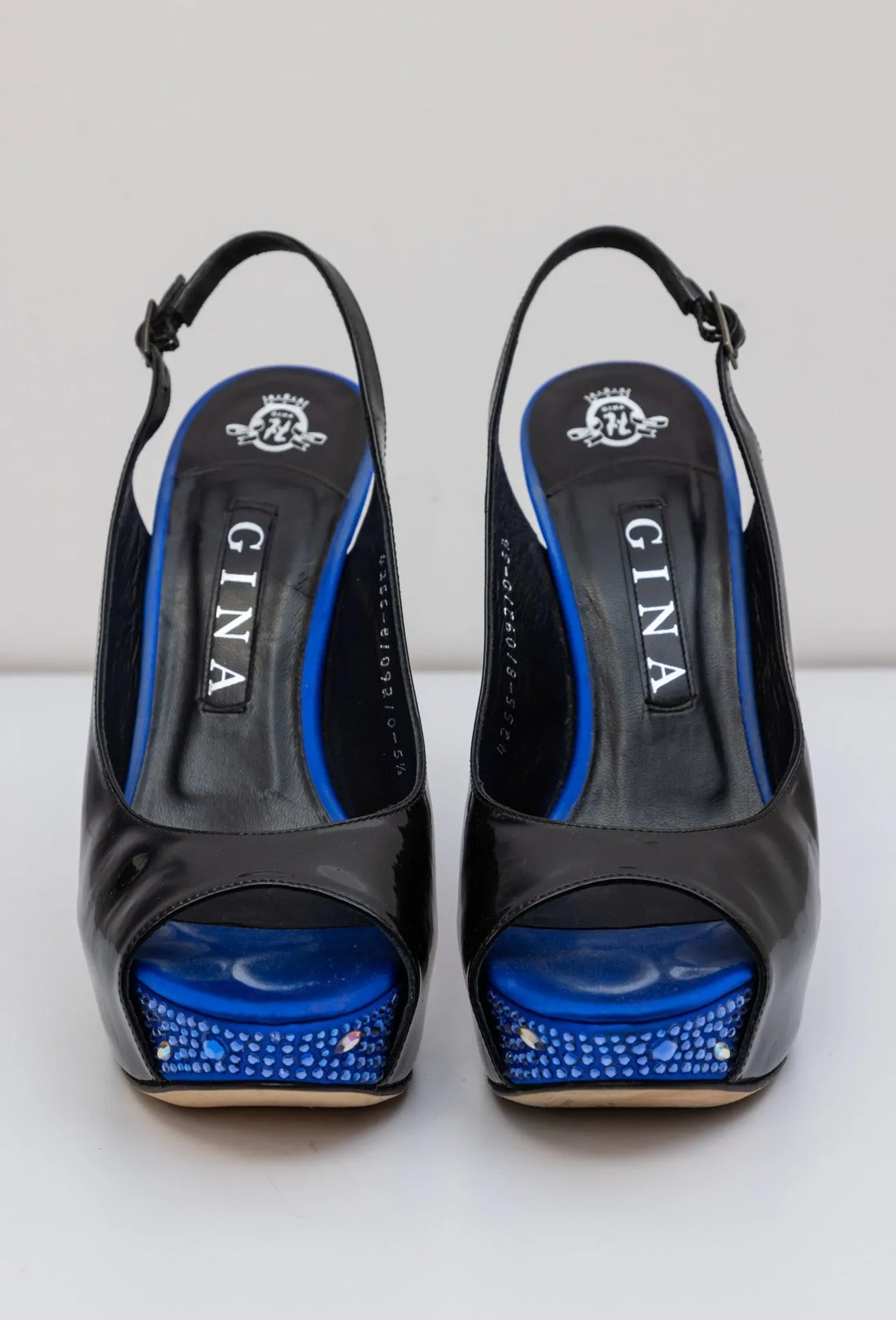 GINA Patent Leather Peep Toe Slingback Heel Sandals with Blue Crystals