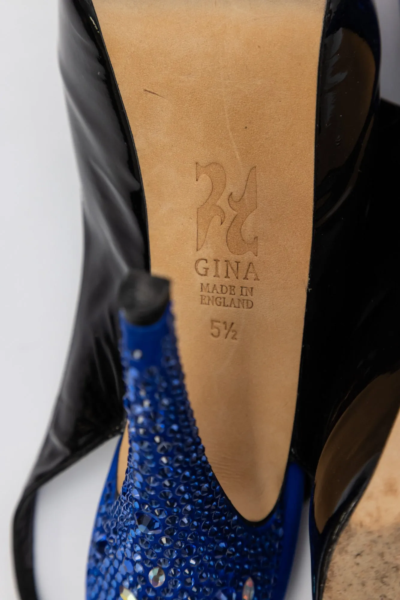 GINA Patent Leather Peep Toe Slingback Heel Sandals with Blue Crystals
