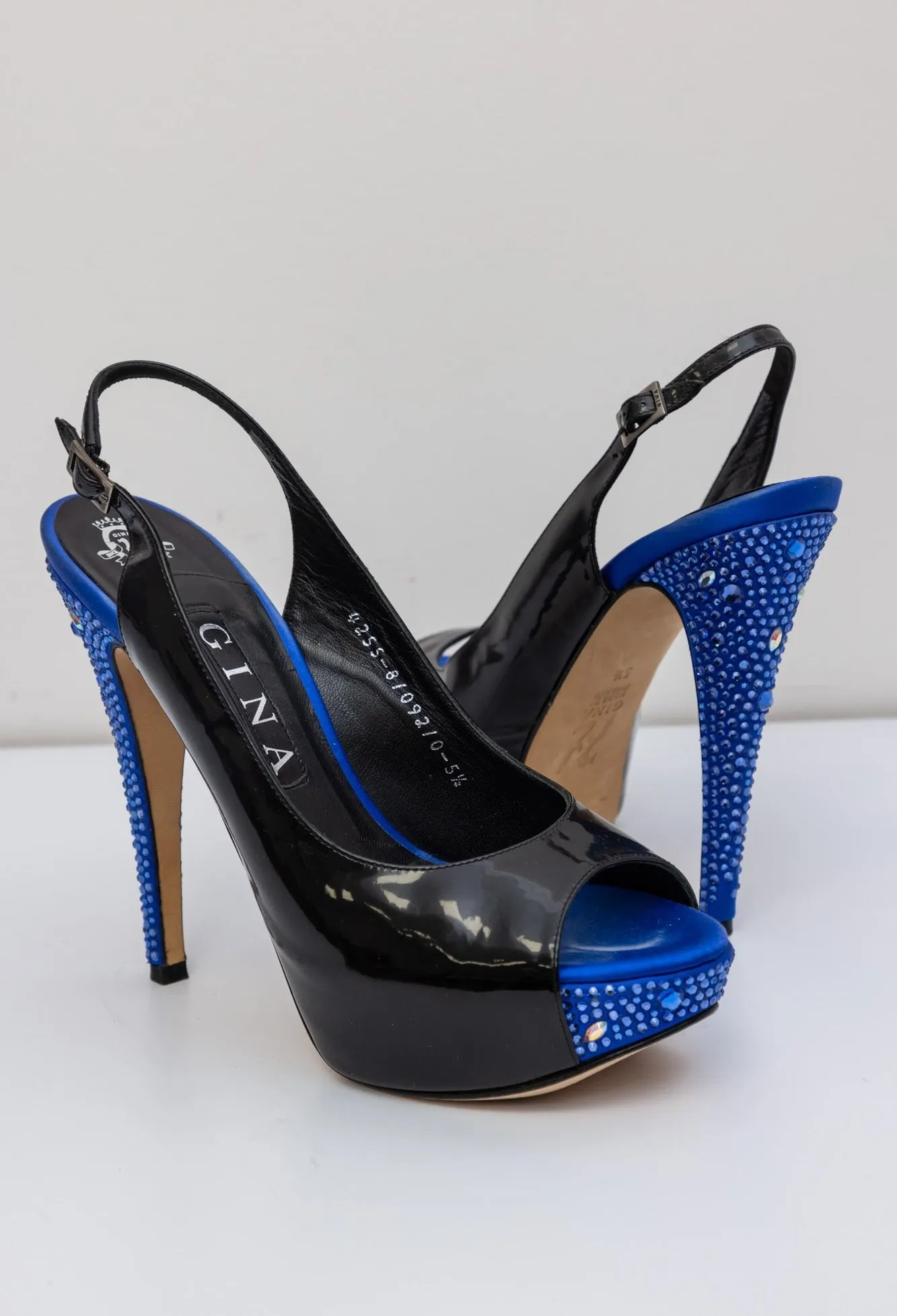 GINA Patent Leather Peep Toe Slingback Heel Sandals with Blue Crystals