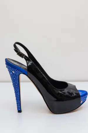 GINA Patent Leather Peep Toe Slingback Heel Sandals with Blue Crystals