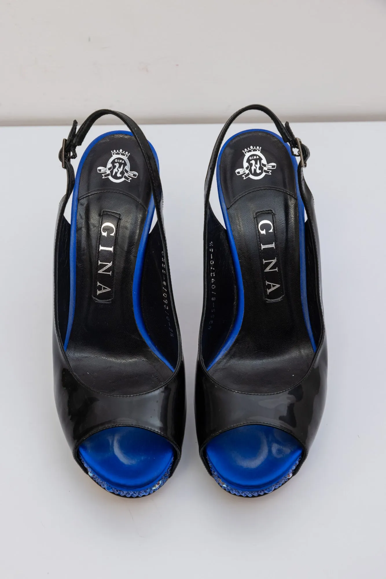 GINA Patent Leather Peep Toe Slingback Heel Sandals with Blue Crystals