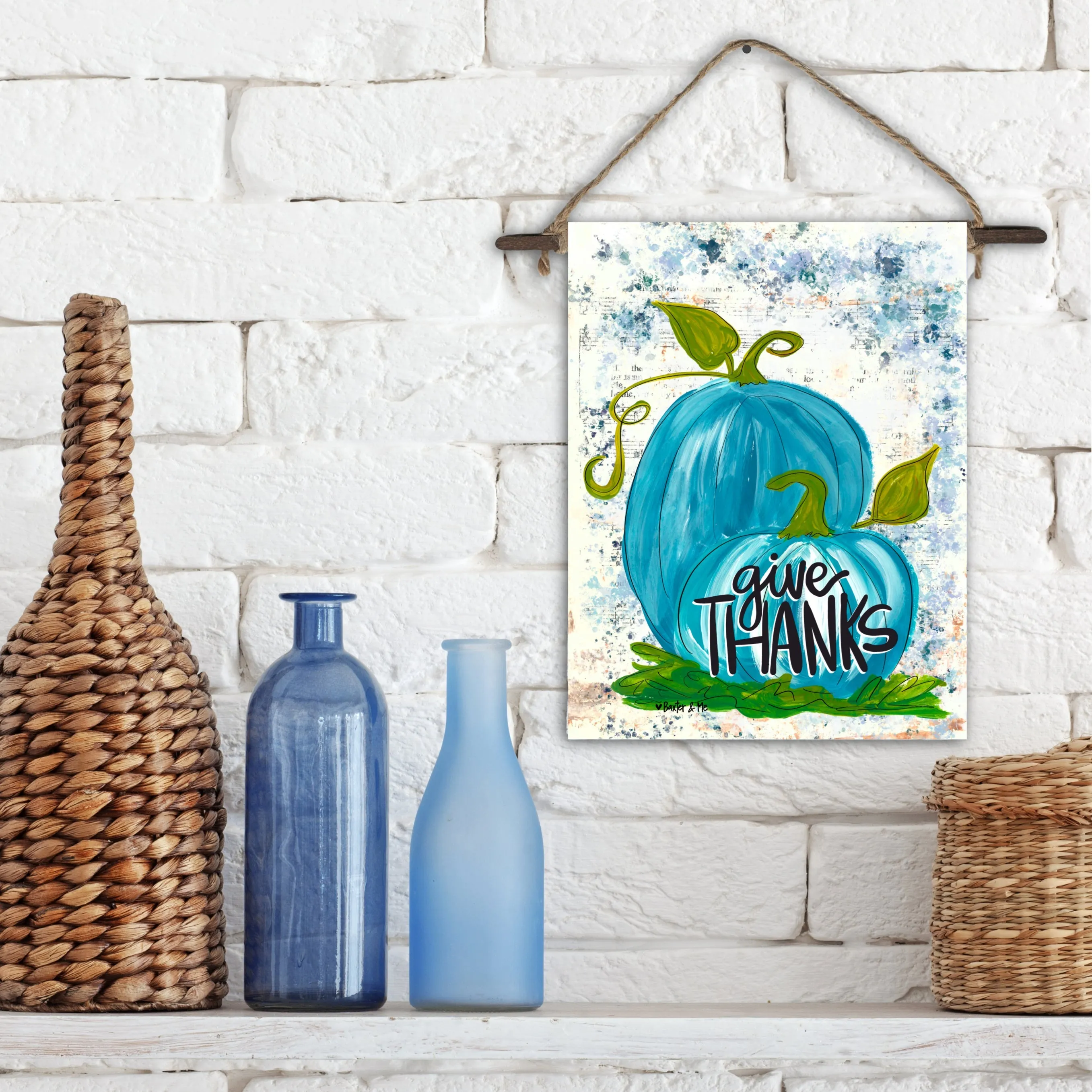 Give Thanks Blue Pumpkins Mini Wall Hanging