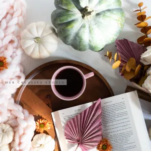 Green Pumpkin, Coffee & Book. Digital Stock Image.