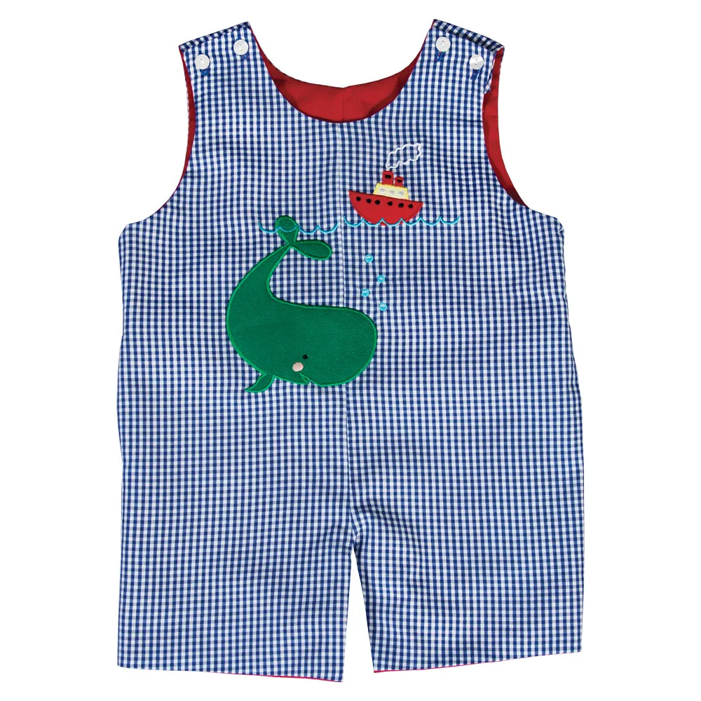 Green Whale Royal Blue Gingham Reversible Romper