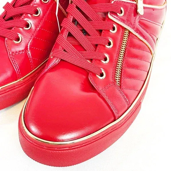 Guess Mens Mito Red Low Cut Sneakers with Gold Metallic Trim and Side Zipper