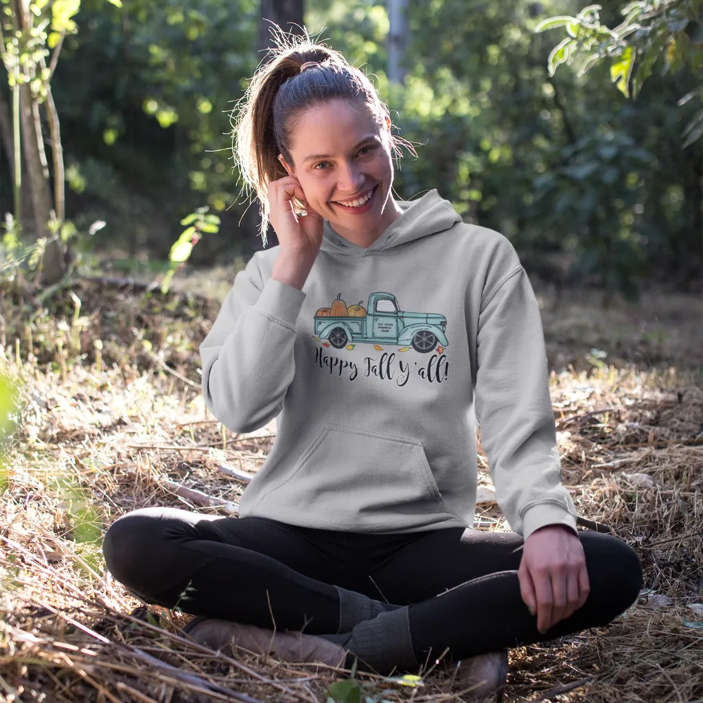Happy Fall Y’all Pumpkin Farm Hoodie – Cozy Autumn Truck Design on a Gildan Hoodie