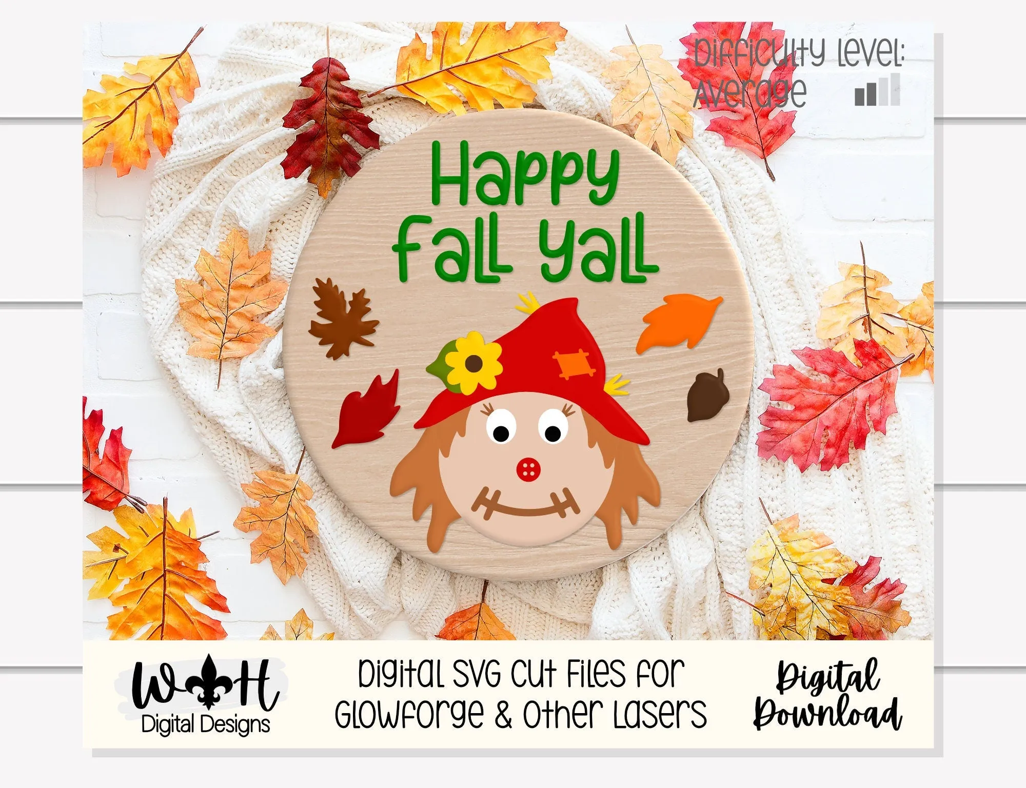 Happy Fall Yall Scarecrow Autumn Door Hanger Round - Seasonal Sign Making and DIY Kits - Cut File For Glowforge Lasers - Digital SVG File