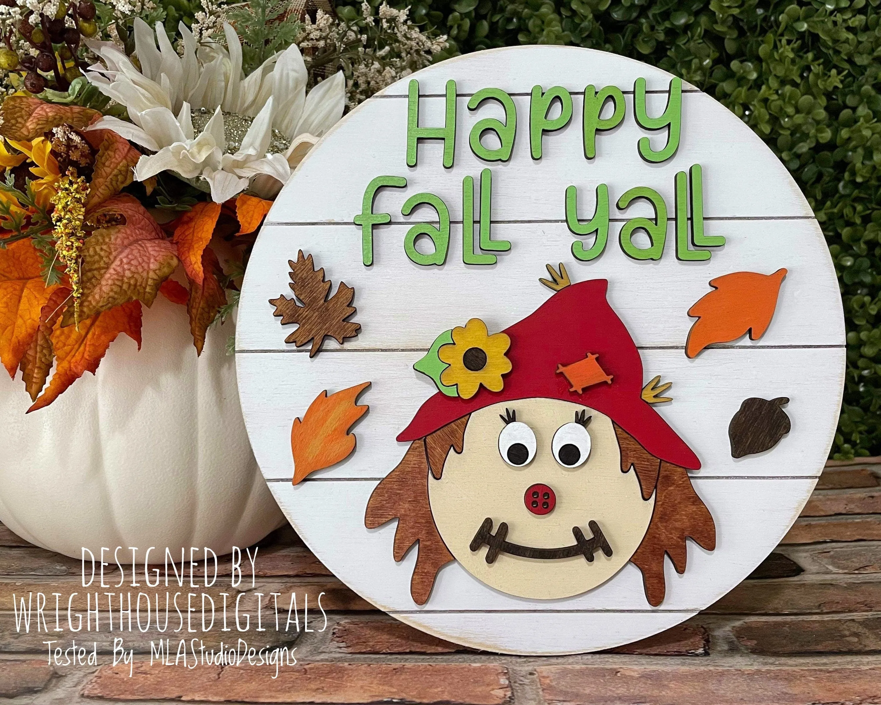 Happy Fall Yall Scarecrow Autumn Door Hanger Round - Seasonal Sign Making and DIY Kits - Cut File For Glowforge Lasers - Digital SVG File