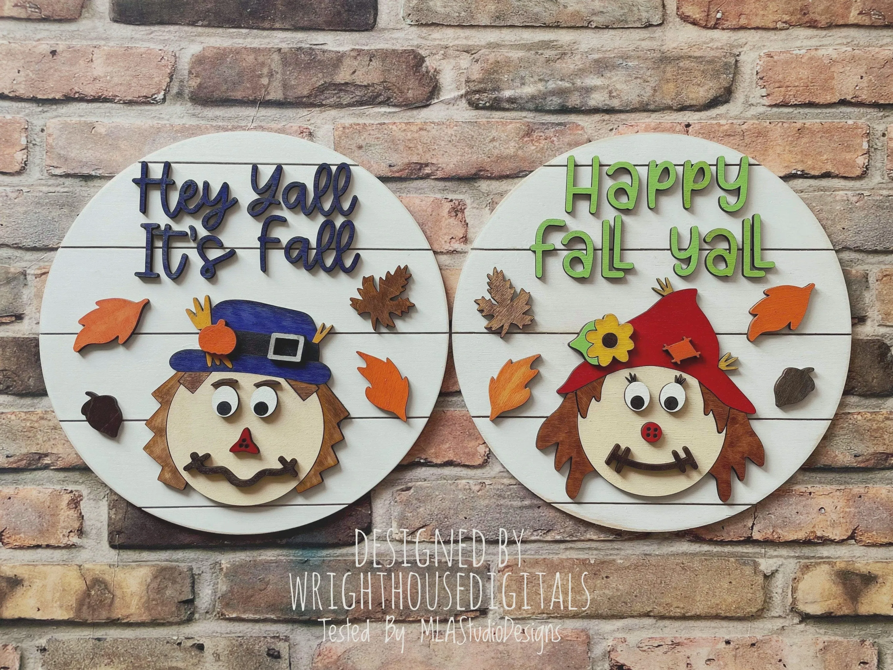 Happy Fall Yall Scarecrow Autumn Door Hanger Round - Seasonal Sign Making and DIY Kits - Cut File For Glowforge Lasers - Digital SVG File