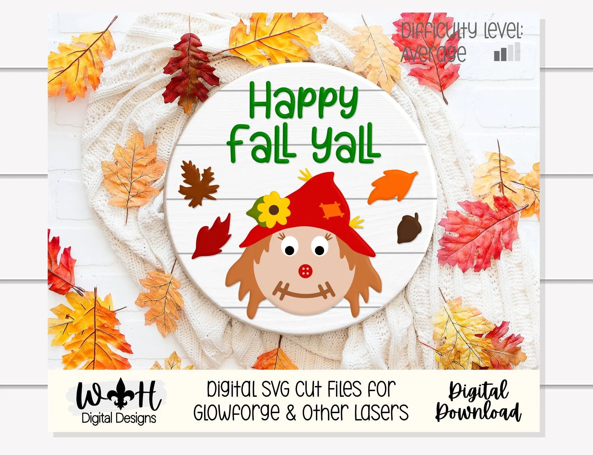 Happy Fall Yall Scarecrow Autumn Door Hanger Round - Seasonal Sign Making and DIY Kits - Cut File For Glowforge Lasers - Digital SVG File
