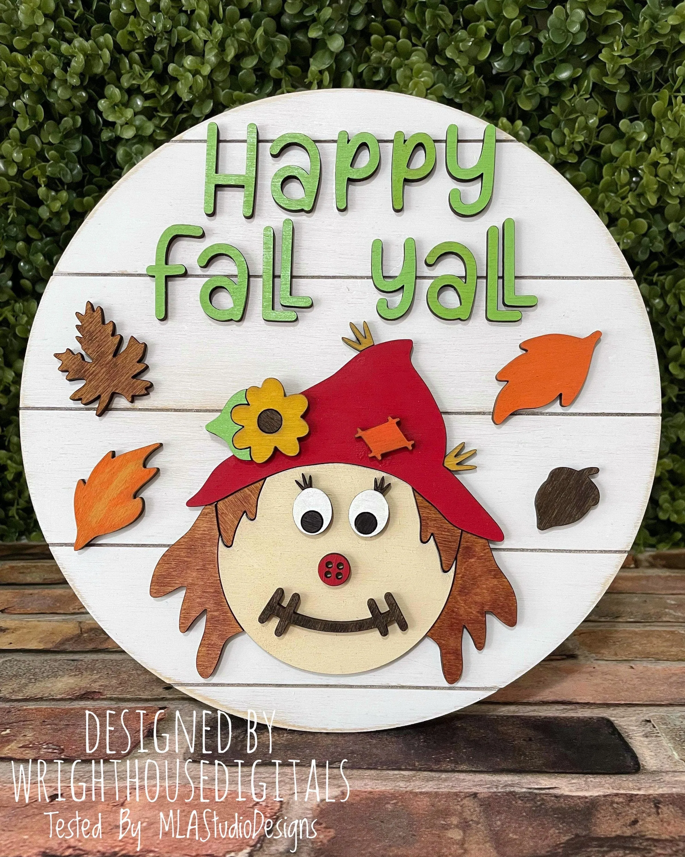 Happy Fall Yall Scarecrow Autumn Door Hanger Round - Seasonal Sign Making and DIY Kits - Cut File For Glowforge Lasers - Digital SVG File
