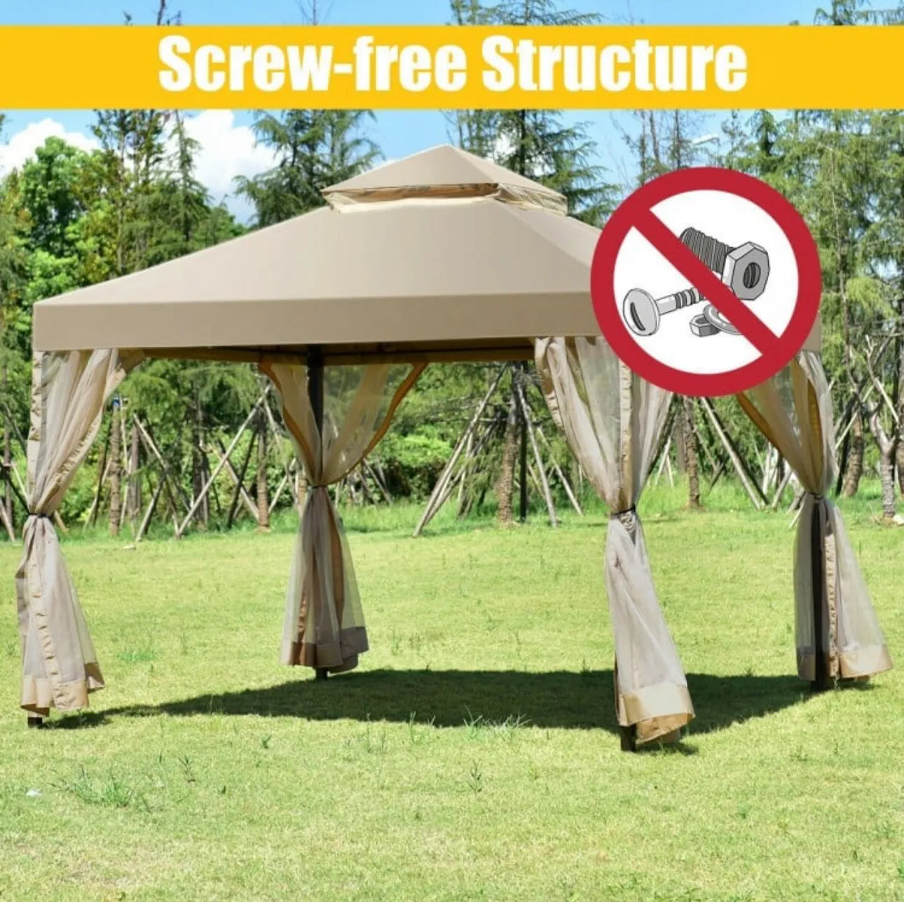 Heavy Duty Beautiful Outdoor 2-Tier 10x10 FT Screw-Free Structure Patio Shelter Gazebo Canopy | For Gatherings, BBQ, Pool, Etc | Waterproof | Easy Assembly