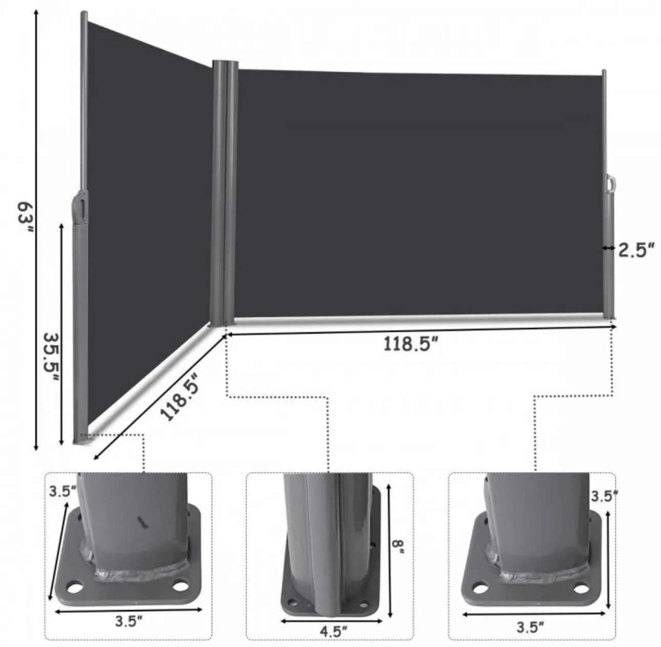 Heavy Duty Elegant Patio Retractable Double Folding Side Awning Screen Divider 237x63 inch
