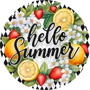 Hello Summer Lemons Strawberries with Harlequin Border Sublimated Wreath Sign