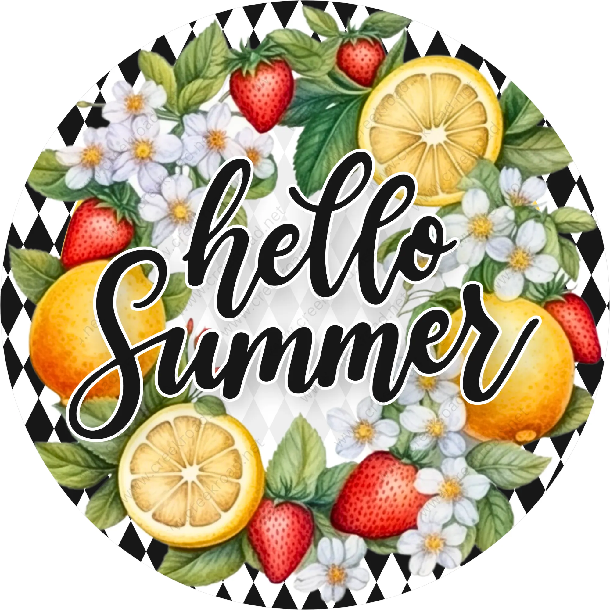 Hello Summer Lemons Strawberries with Harlequin Border Sublimated Wreath Sign